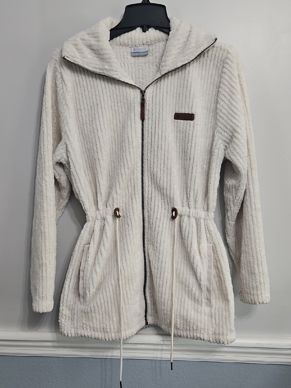 Women's Cream Teddy Zip-Up Jacket with Drawstring Waist